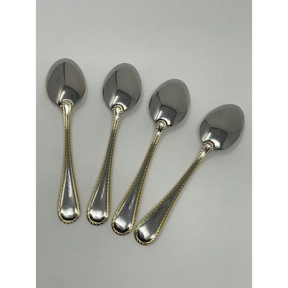 Oneida GOLDEN BELMONT Stainless Rope Edge Gold Accent Teaspoons 6” Set Of 4 - Picture 5 of 7